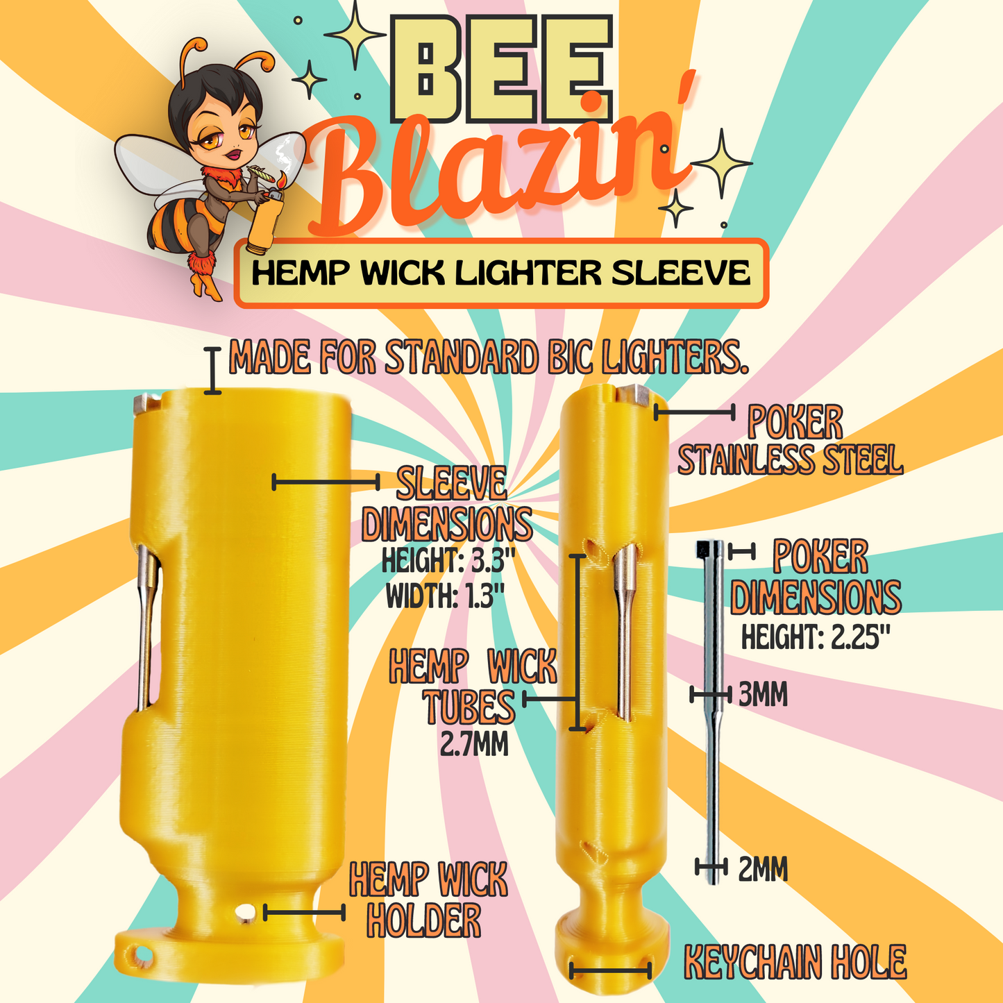 All Nestled In - Bee Blazin' Lighter Sleeve - Hemp Wick + Poker Lighter Sleeve - Lighter NOT Included!