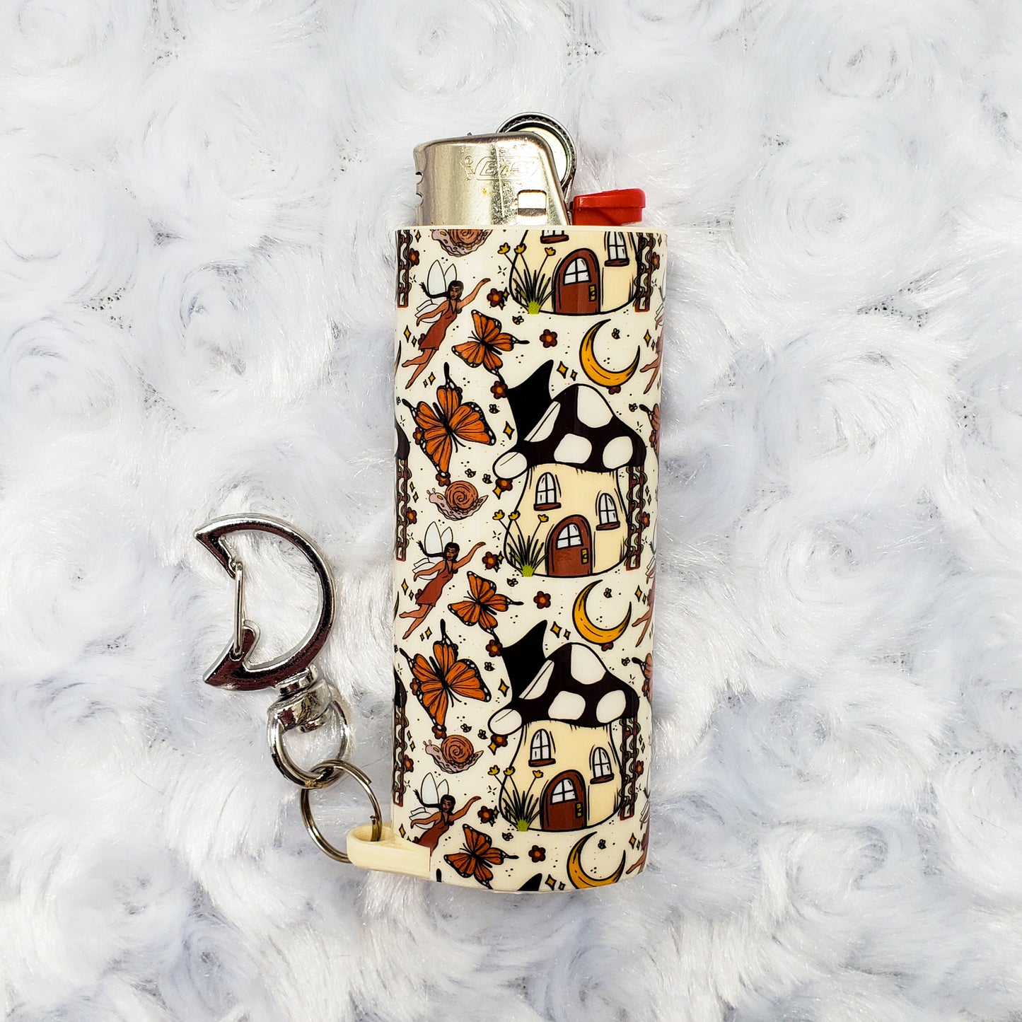 Magical Mushroom Abode - Keychain Lighter Sleeve W/ Moon Clasp - Lighter Case - Lighter NOT Included!