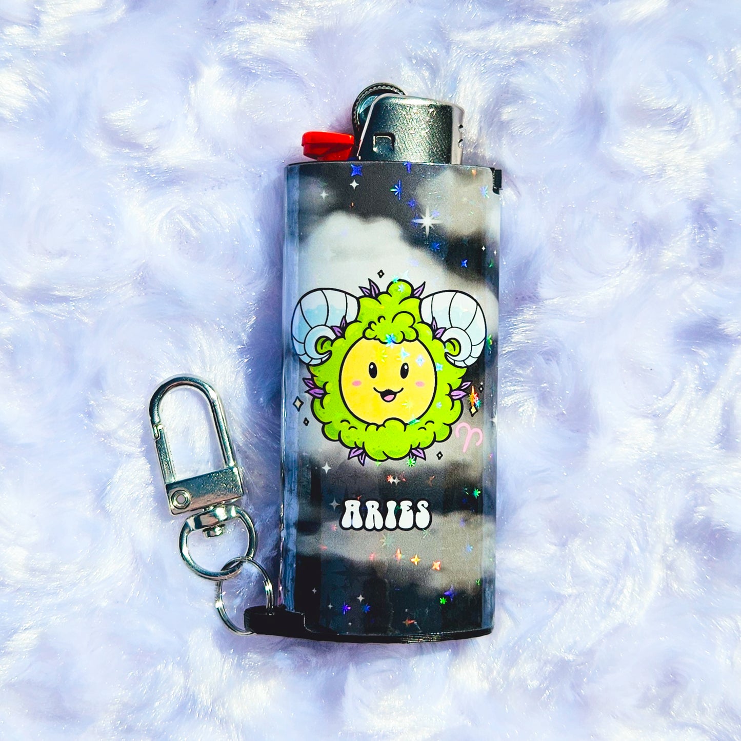 Aries - Holographic - Keychain + Poker Lighter Sleeve - Collaboration w/ Lilxbun