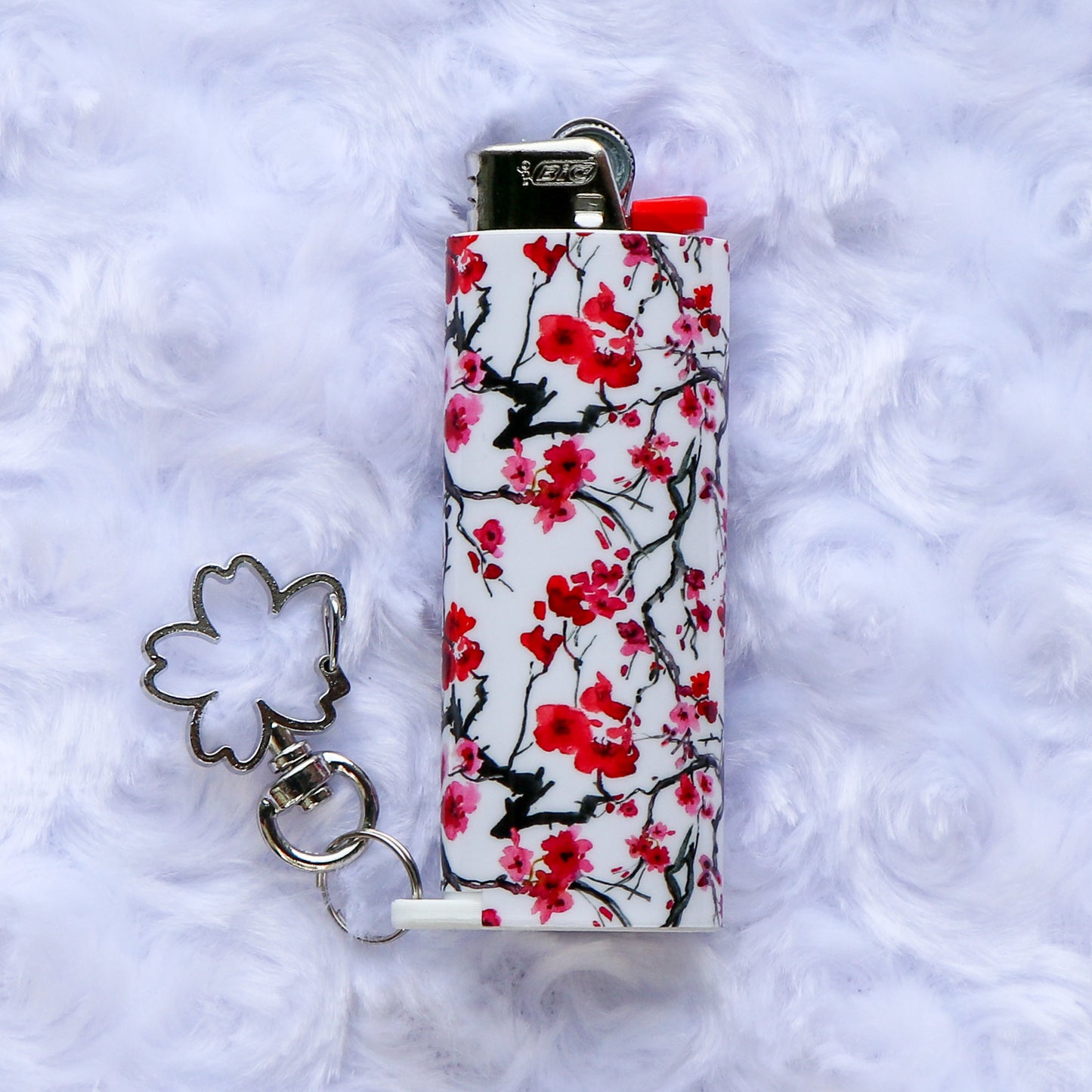 Cherry Blossoms - Keychain Lighter Sleeve W/ Flower Clasp - Lighter Case - Lighter NOT Included!