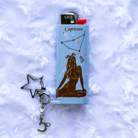 Capricorn - Keychain Lighter Sleeve W/ Star Clasp & Charm - Lighter Case - Lighter NOT Included!