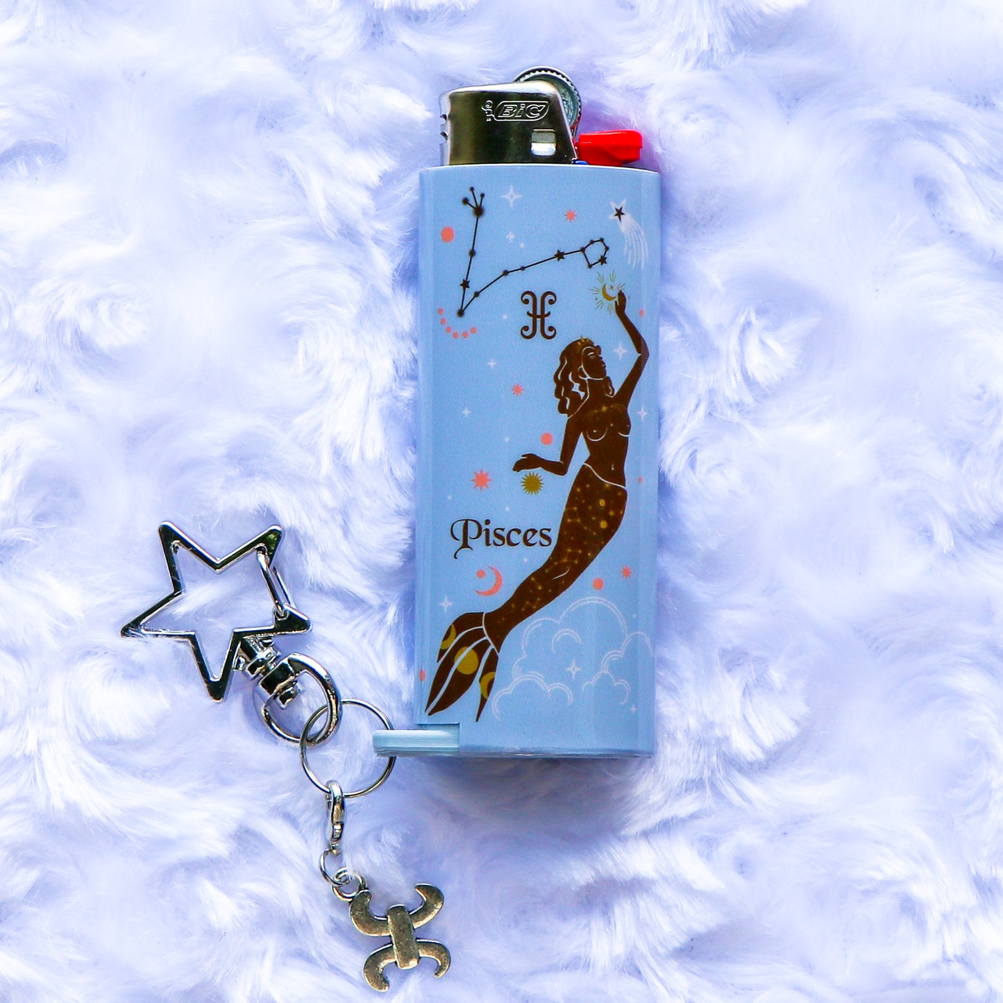 Pisces - Keychain Lighter Sleeve W/ Star Clasp & Charm - Lighter Case - Lighter NOT Included!