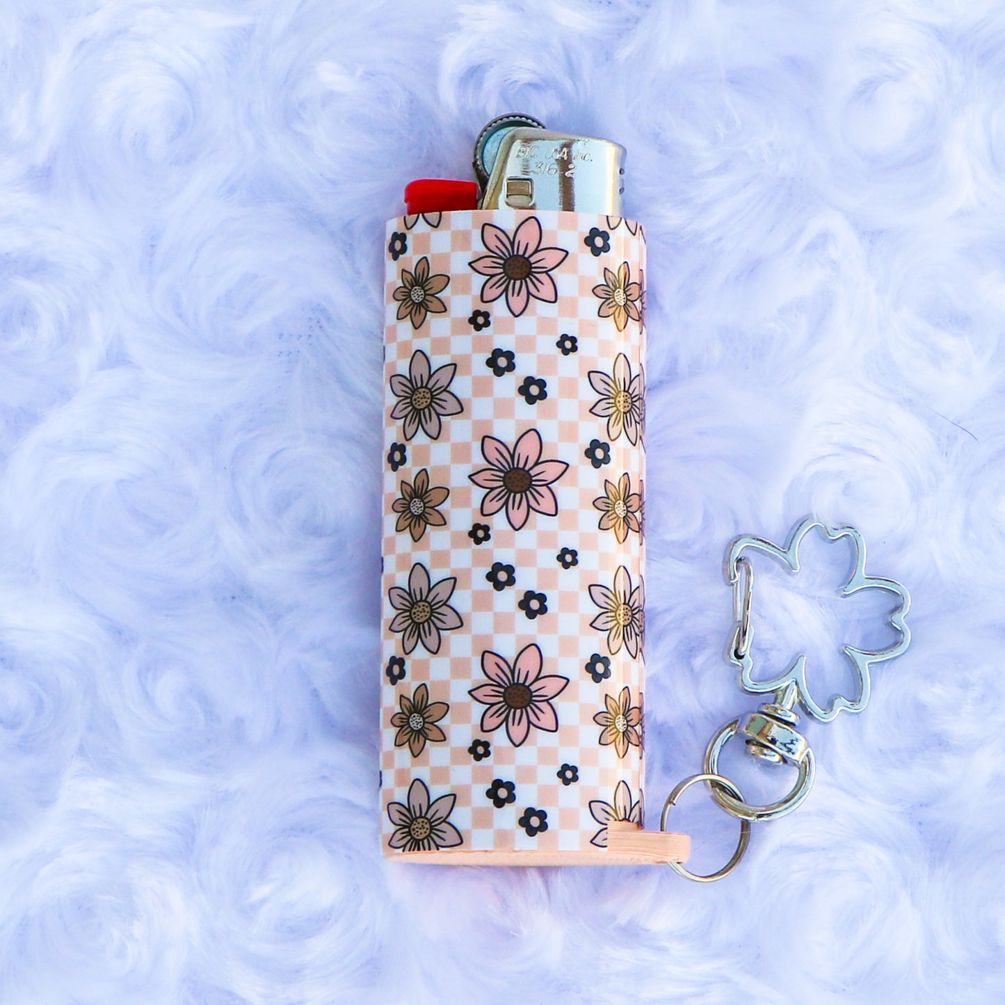 Checkered Floral - Keychain Lighter Sleeve W/ Flower Clasp - Lighter Case - Lighter NOT Included!