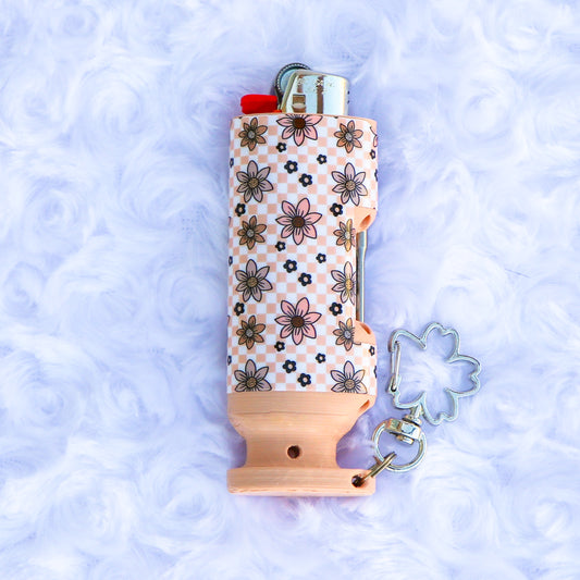 Checkered Floral - Bee Blazin' Lighter Sleeve W/ Flower Clasp - Hemp Wick + Poker Lighter Sleeve - Lighter NOT Included!