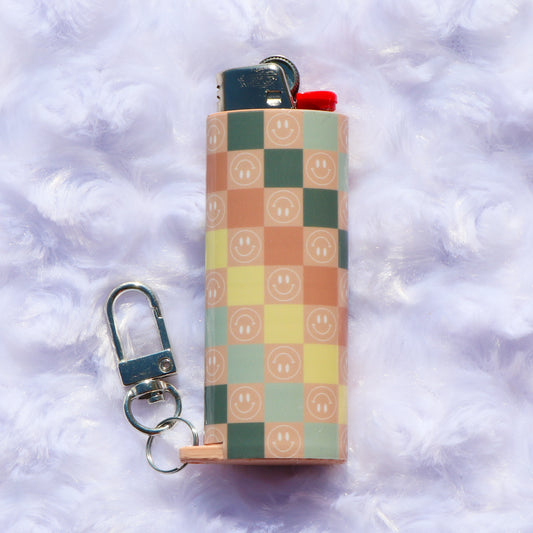 Checkered Smiley Face - Keychain Lighter Sleeve - Lighter Case - Lighter NOT Included!