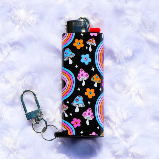 Happy Shrooms - Keychain Lighter Sleeve - Lighter Case - Lighter NOT Included!